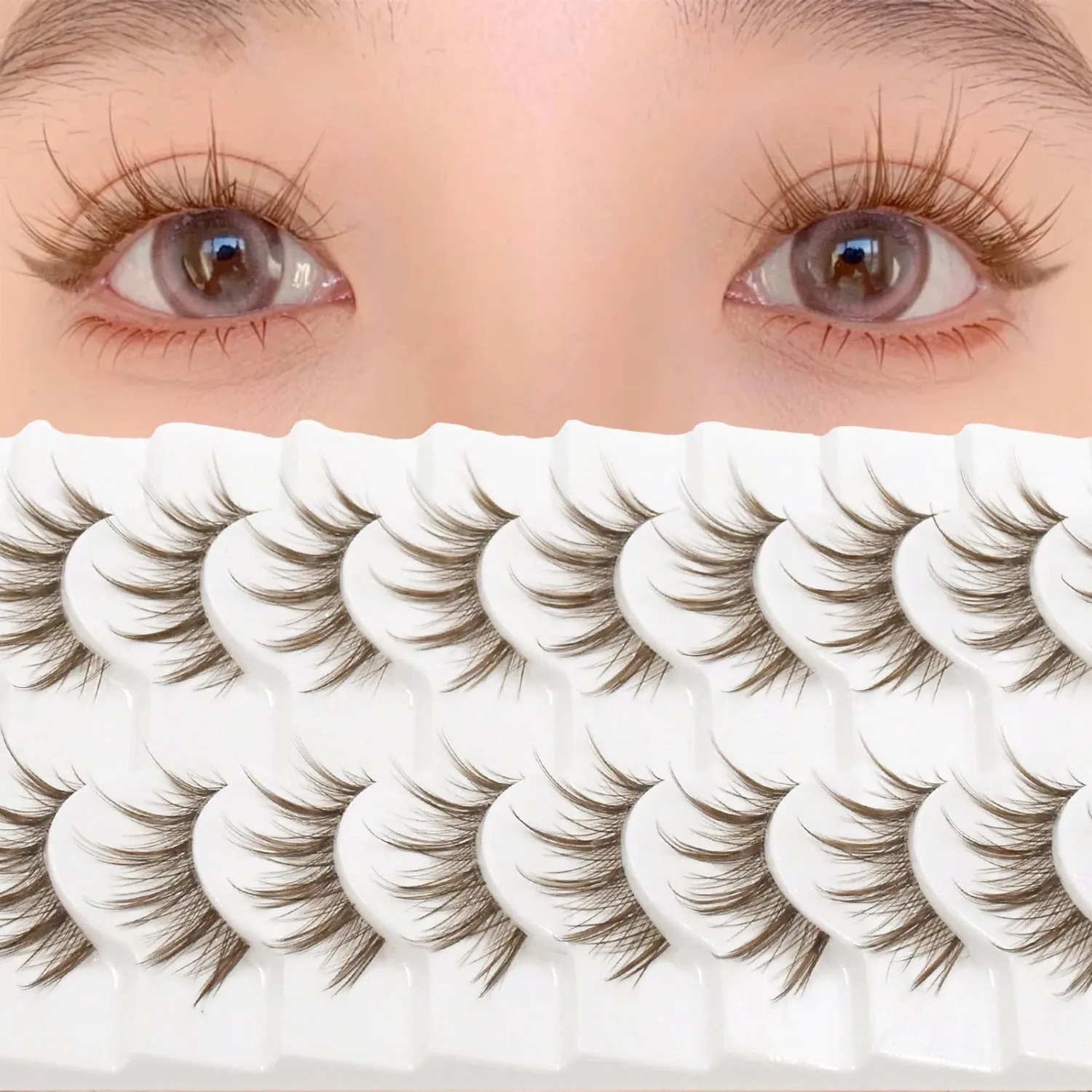 Brown Eyelashes Natural Look Wispy 14mm 3D Spiky Fluffy Style Lashes With C Curl Thin Clear Band Strip False Eyelashes 10Pairs (LK03)