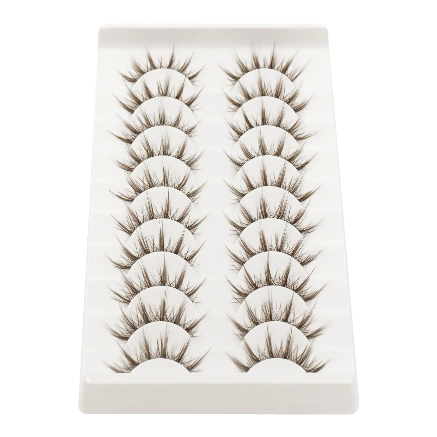 Brown Eyelashes Natural Look Wispy 14mm 3D Spiky Fluffy Style Lashes With C Curl Thin Clear Band Strip False Eyelashes 10Pairs (LK03)