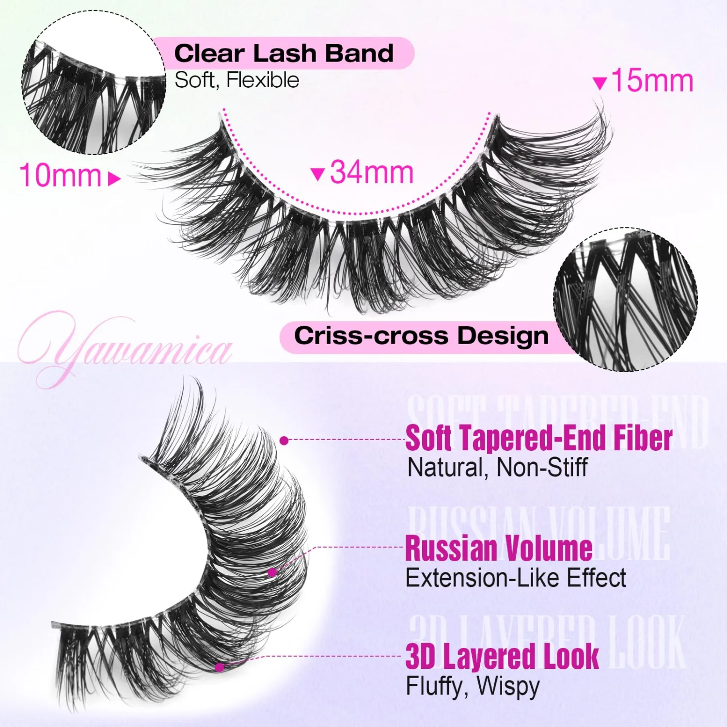 Yawamica Russian Lashes Clear Band False Eyelashes Natural Wispy Fake Lashes D Curl Strip Lashes Faux Mink Eyelashes Criss-Cross Design Lash Strips 8 Pairs Pack