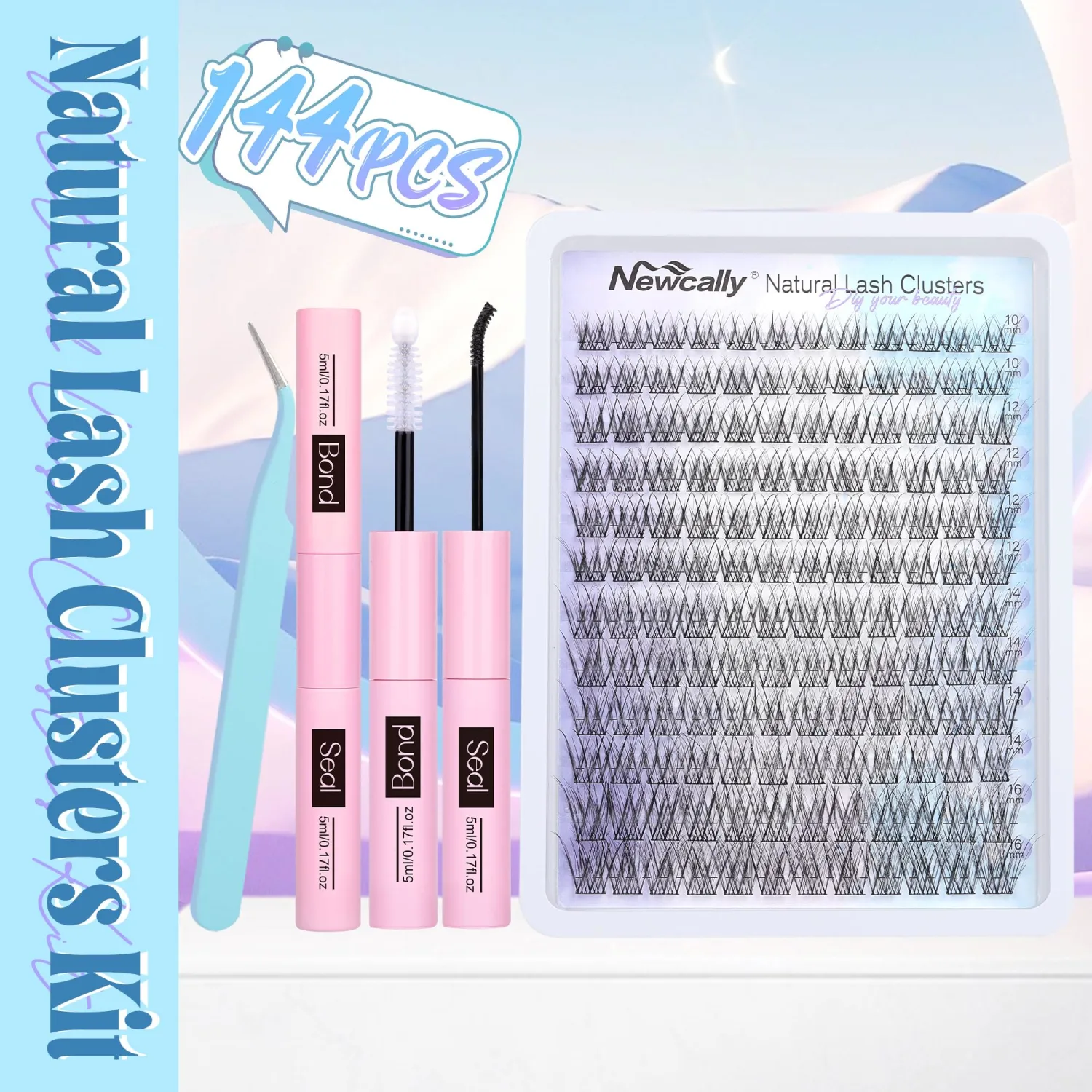Natural Lash Clusters Kit Wispy Lash Extension Kit Cluster Eyelash Extension C-curly Cluster Lashes Kit DIY Eyelash Extension Kit Natural Eyelash Clusters with Lash Bond and Seal by Newcally