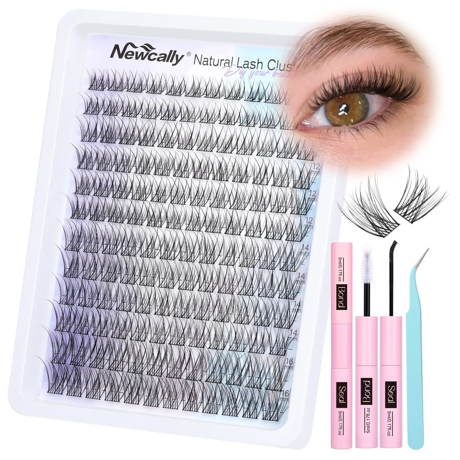 Natural Lash Clusters Kit Wispy Lash Extension Kit Cluster Eyelash Extension C-curly Cluster Lashes Kit DIY Eyelash Extension Kit Natural Eyelash Clusters with Lash Bond and Seal by Newcally