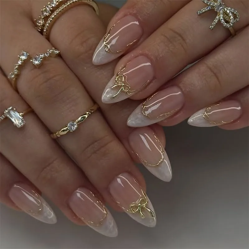 24pcs White French Tip Press on Nails Medium Almond Fake Nails with 3D Gold Bow Acrylic Nails Design Gold Curve Line French False Stick on Nails Kit Full Cover Glue on Nails for Women Nail Decoration
