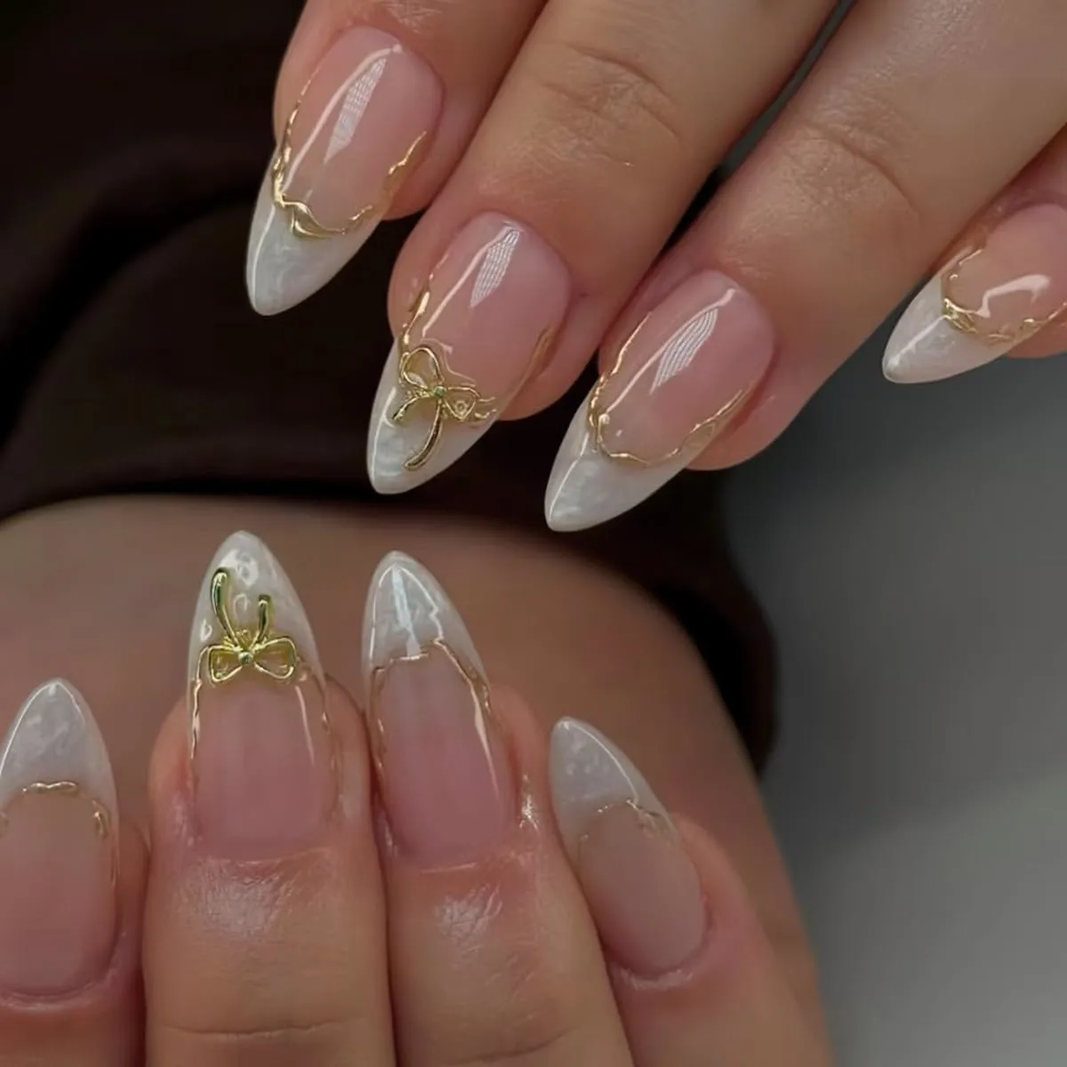 24pcs White French Tip Press on Nails Medium Almond Fake Nails with 3D Gold Bow Acrylic Nails Design Gold Curve Line French False Stick on Nails Kit Full Cover Glue on Nails for Women Nail Decoration