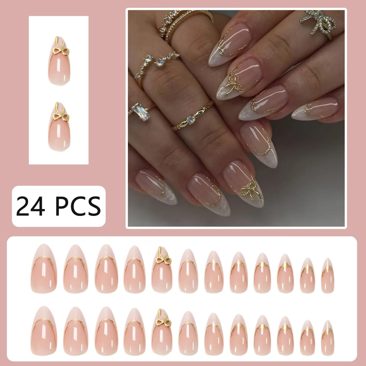 24pcs White French Tip Press on Nails Medium Almond Fake Nails with 3D Gold Bow Acrylic Nails Design Gold Curve Line French False Stick on Nails Kit Full Cover Glue on Nails for Women Nail Decoration