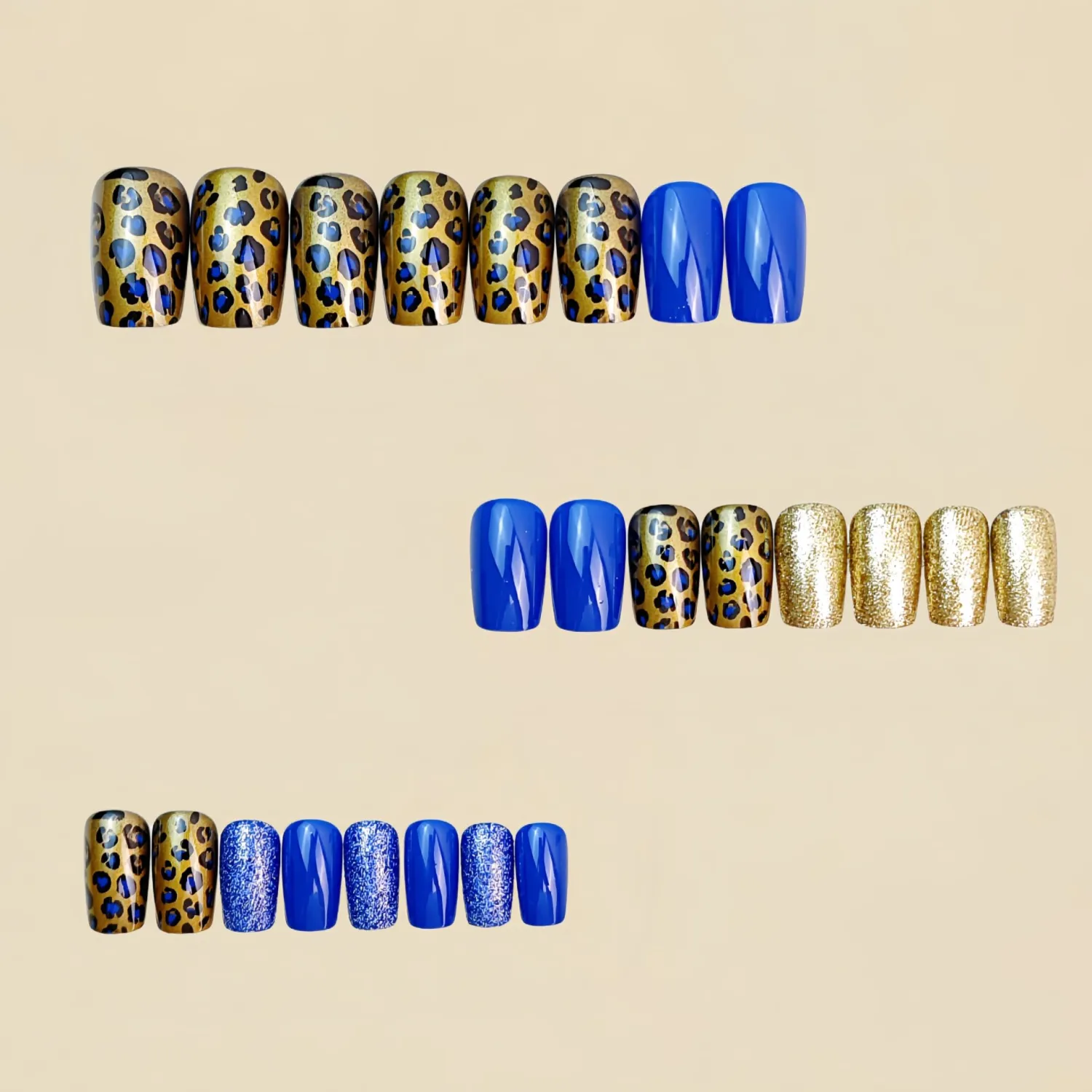 Gold and Blue Leopard Print Press-On Nails Medium Square False Nails Glitter Blue Leopard Print Acrylic Nail Stickers for Charming Women's Nail Art Decoration 24 Pieces