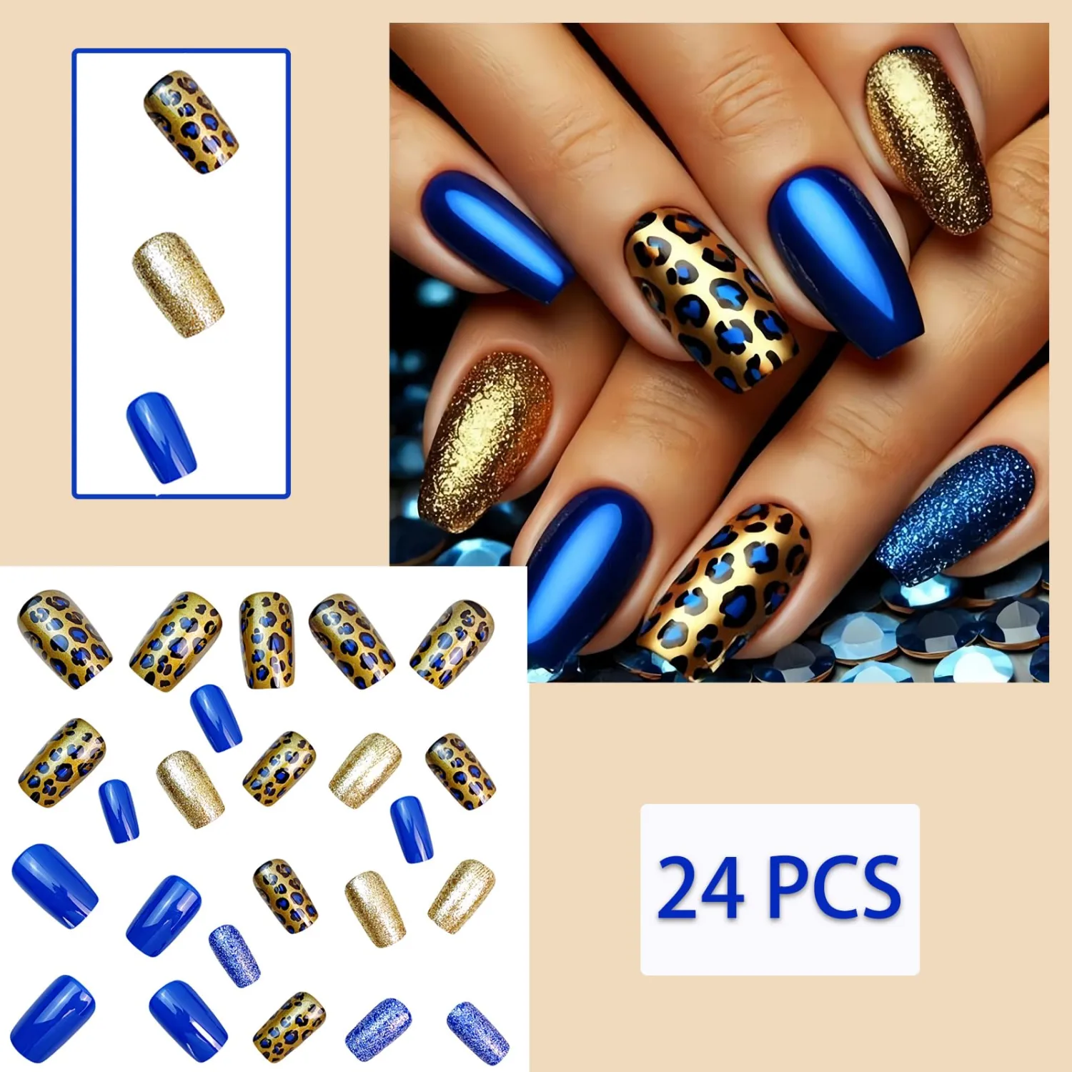 Gold and Blue Leopard Print Press-On Nails Medium Square False Nails Glitter Blue Leopard Print Acrylic Nail Stickers for Charming Women's Nail Art Decoration 24 Pieces
