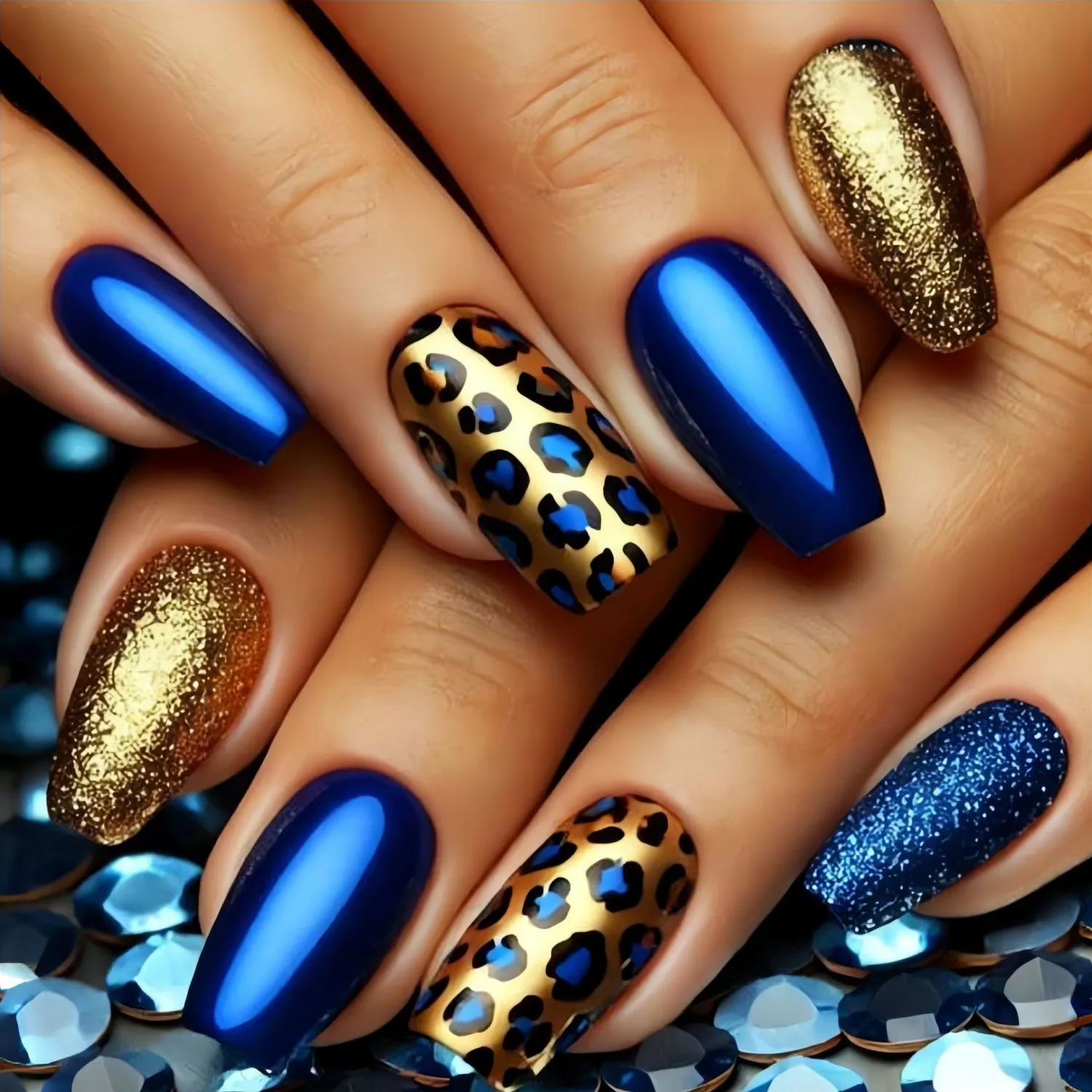 Gold and Blue Leopard Print Press-On Nails Medium Square False Nails Glitter Blue Leopard Print Acrylic Nail Stickers for Charming Women's Nail Art Decoration 24 Pieces