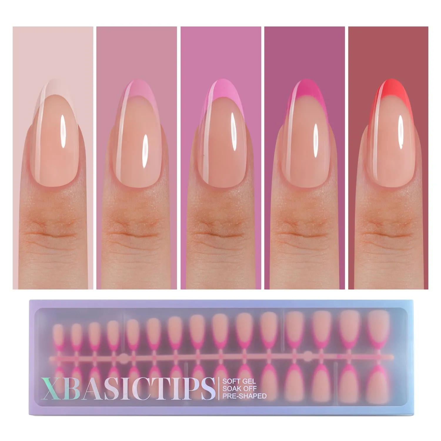 Misssix XBASICTIPS French Tip Press On Nails, 150Pcs French Gel Nail Tips Medium Almond, Soft Gel Pre-shaped No Need to File 3 in 1 Tips, Fake Nails for Nail Art DIY Extension Designs 15 Sizes