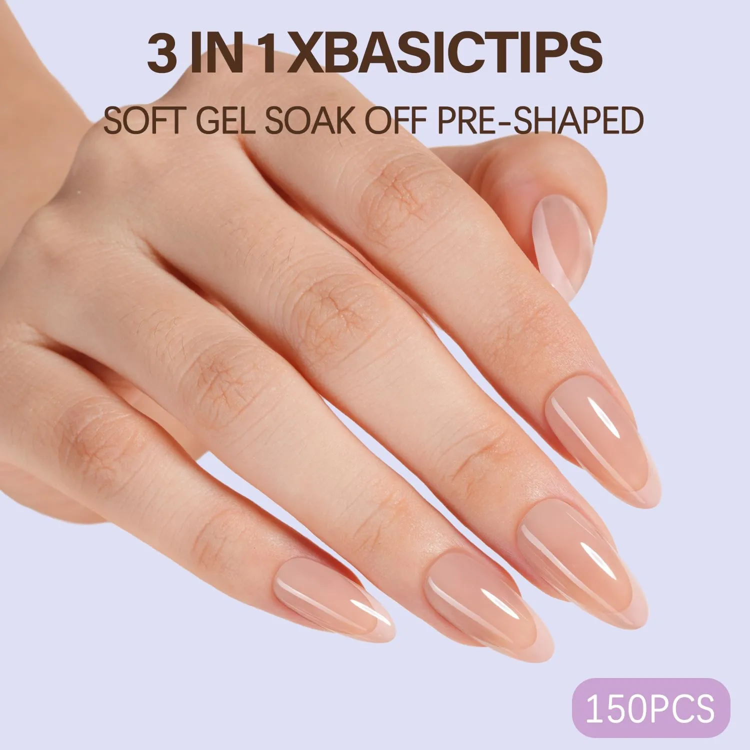Misssix XBASICTIPS French Tip Press On Nails, 150Pcs French Gel Nail Tips Medium Almond, Soft Gel Pre-shaped No Need to File 3 in 1 Tips, Fake Nails for Nail Art DIY Extension Designs 15 Sizes