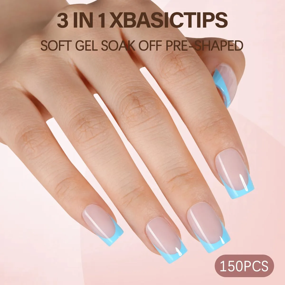 Misssix XBASICTIPS French Tip Press On Nails, 150 Pcs Blue Short Square French Gel Nail Tips, Soft Gel Soak Off Pre-shaped No File Need Fake Nails for Nail Art DIY 15 Sizes