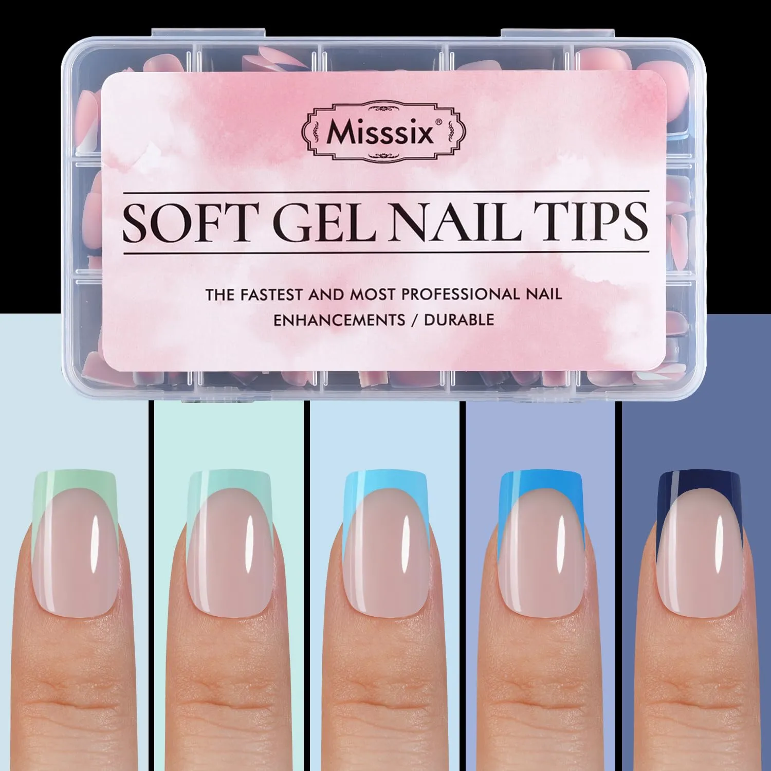 Misssix XBASICTIPS French Tip Press On Nails, 150 Pcs Blue Short Square French Gel Nail Tips, Soft Gel Soak Off Pre-shaped No File Need Fake Nails for Nail Art DIY 15 Sizes