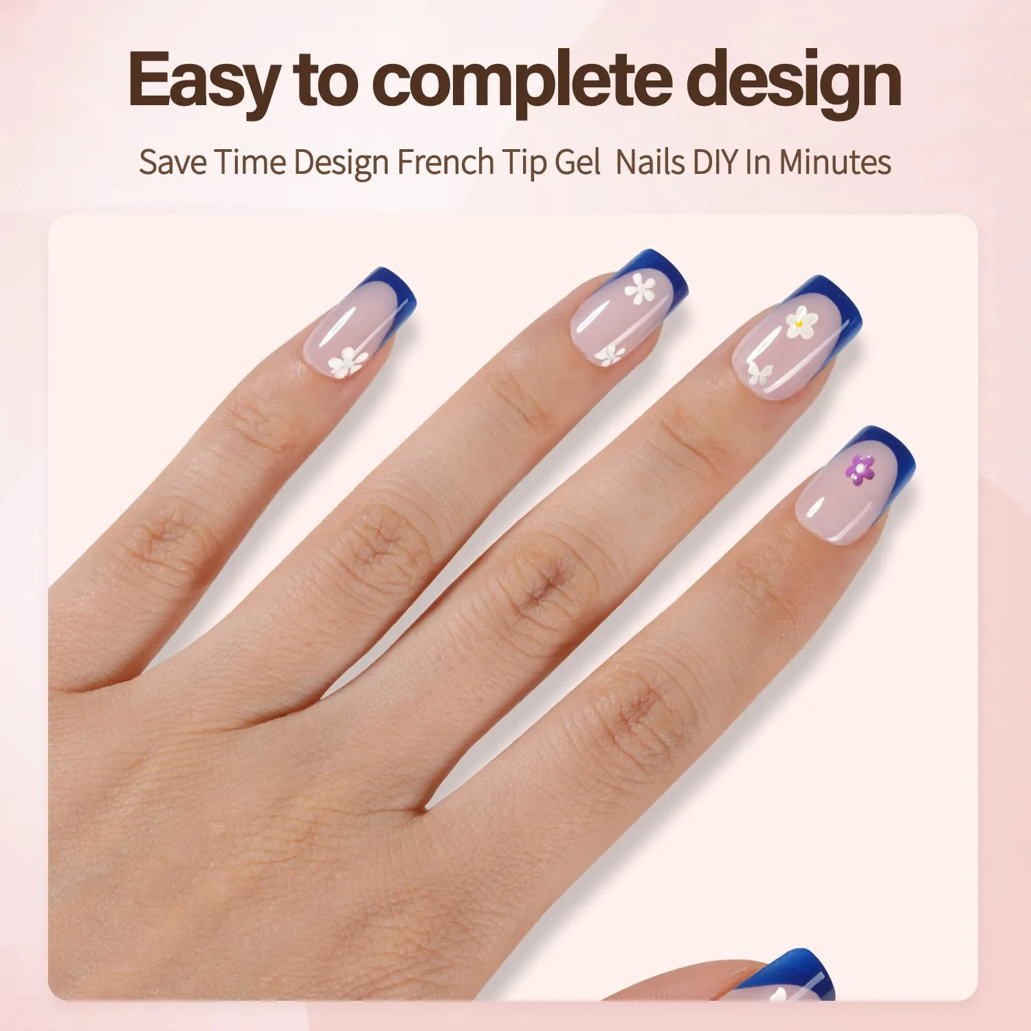 Misssix XBASICTIPS French Tip Press On Nails, 150 Pcs Blue Short Square French Gel Nail Tips, Soft Gel Soak Off Pre-shaped No File Need Fake Nails for Nail Art DIY 15 Sizes
