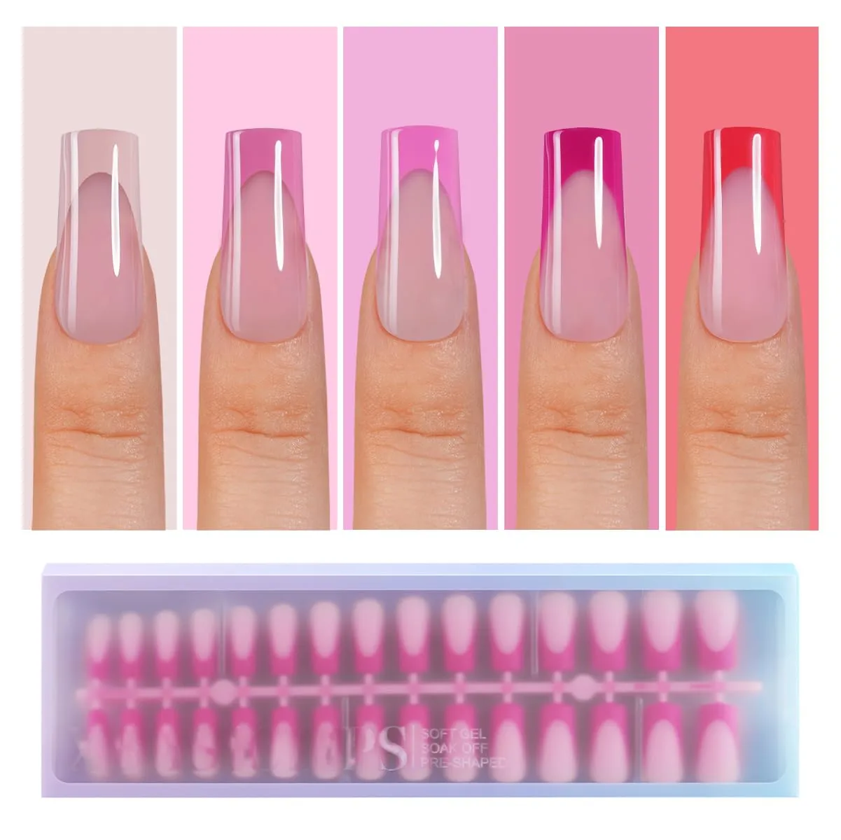 Misssix XBASICTIPS Pink French Tip Press On Nails, 150Pcs French Gel Nail Tips Long Square, Soft Gel Pre-shaped No Need to File 3 in 1 Tips, Fake Nails for Nail Art DIY Extension Designs 15 Sizes