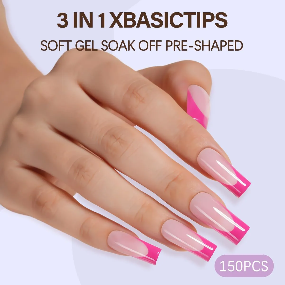 Misssix XBASICTIPS Pink French Tip Press On Nails, 150Pcs French Gel Nail Tips Long Square, Soft Gel Pre-shaped No Need to File 3 in 1 Tips, Fake Nails for Nail Art DIY Extension Designs 15 Sizes