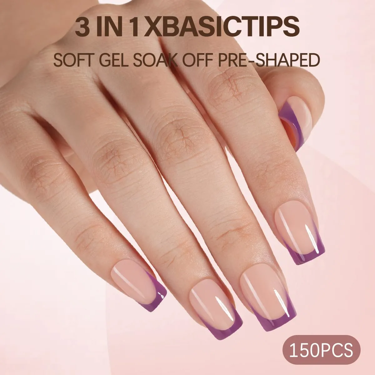 Misssix XBASICTIPS French Tip Press On Nails, 150 Pcs Purple Short Square French Gel Nail Tips, Soft Gel Soak Off Pre-shaped No File Need Fake Nails for Nail Art DIY 15 Sizes