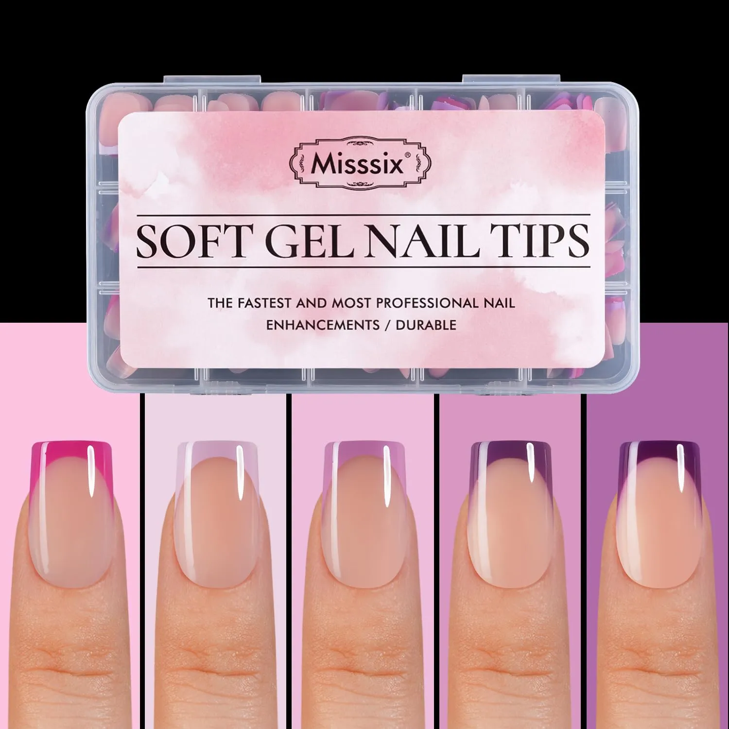 Misssix XBASICTIPS French Tip Press On Nails, 150 Pcs Purple Short Square French Gel Nail Tips, Soft Gel Soak Off Pre-shaped No File Need Fake Nails for Nail Art DIY 15 Sizes