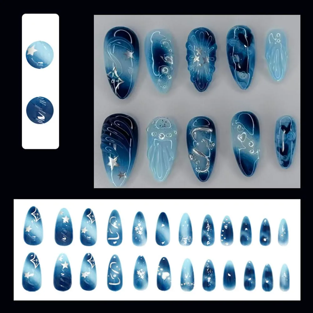 24 Pcs Blue Ombre Press on Nails Short Almond Nail Tips,YEFIUO Acrylic Nail Kit Fake Nails Press ons Glue on Nails 3D Heart Silver Texture Artificial False Nails Stick on Nail Art Design for Women