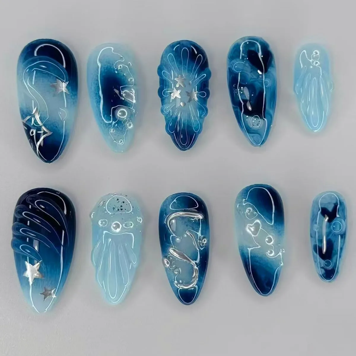 24 Pcs Blue Ombre Press on Nails Short Almond Nail Tips,YEFIUO Acrylic Nail Kit Fake Nails Press ons Glue on Nails 3D Heart Silver Texture Artificial False Nails Stick on Nail Art Design for Women