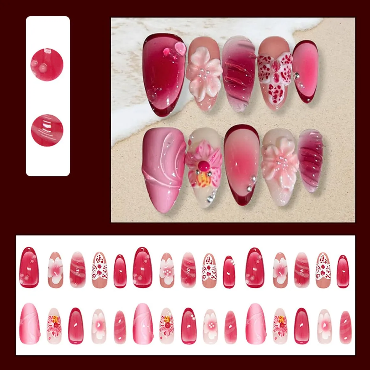 24 Pcs Rose Red Ombre Press on Nails Short Almond Nail Tips,YEFIUO Acrylic Nail Kit Fake Nails Press ons Glue on Nails Flower Pearl 3D Texture Artificial False Nails Stick on Nail Art Design for Women