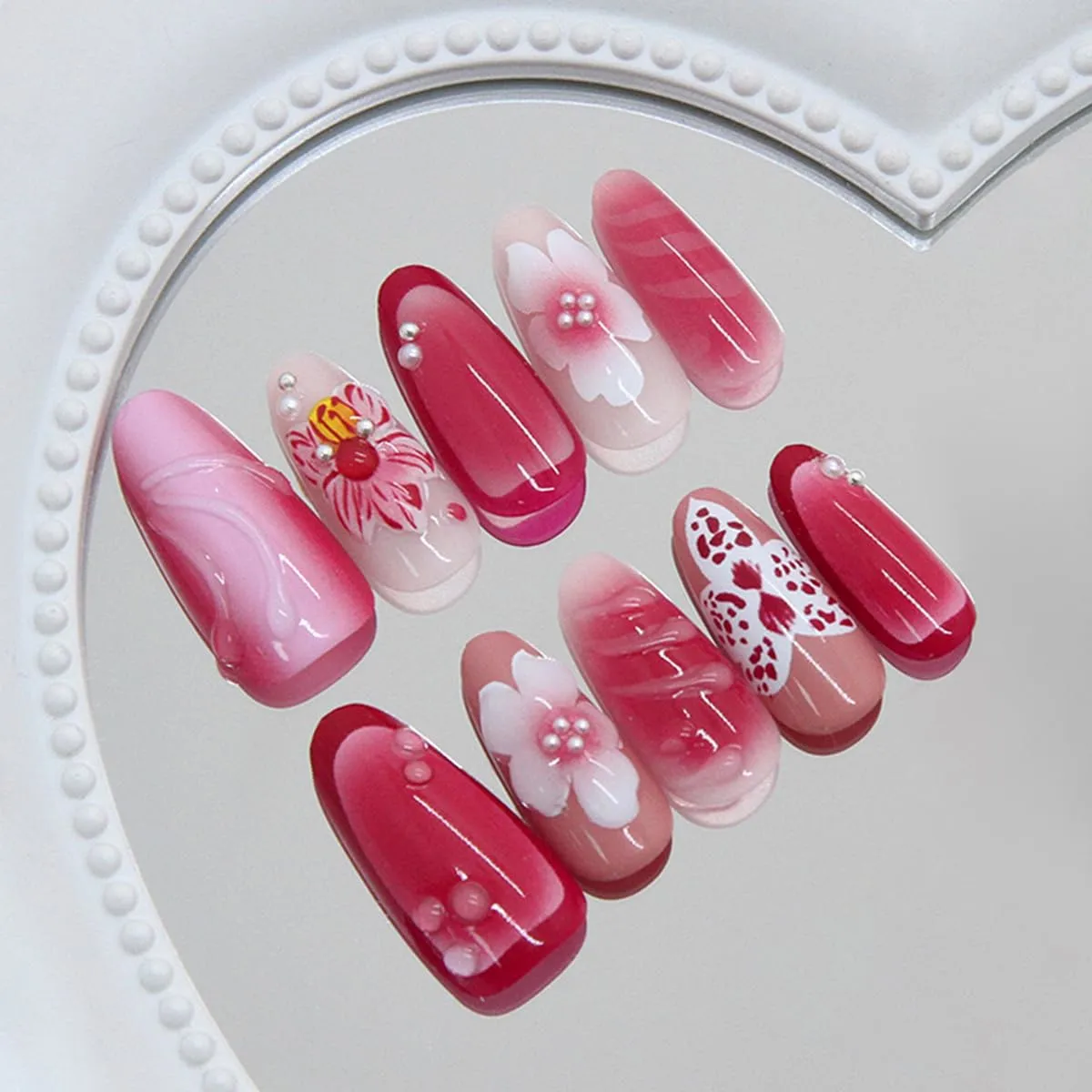24 Pcs Rose Red Ombre Press on Nails Short Almond Nail Tips,YEFIUO Acrylic Nail Kit Fake Nails Press ons Glue on Nails Flower Pearl 3D Texture Artificial False Nails Stick on Nail Art Design for Women