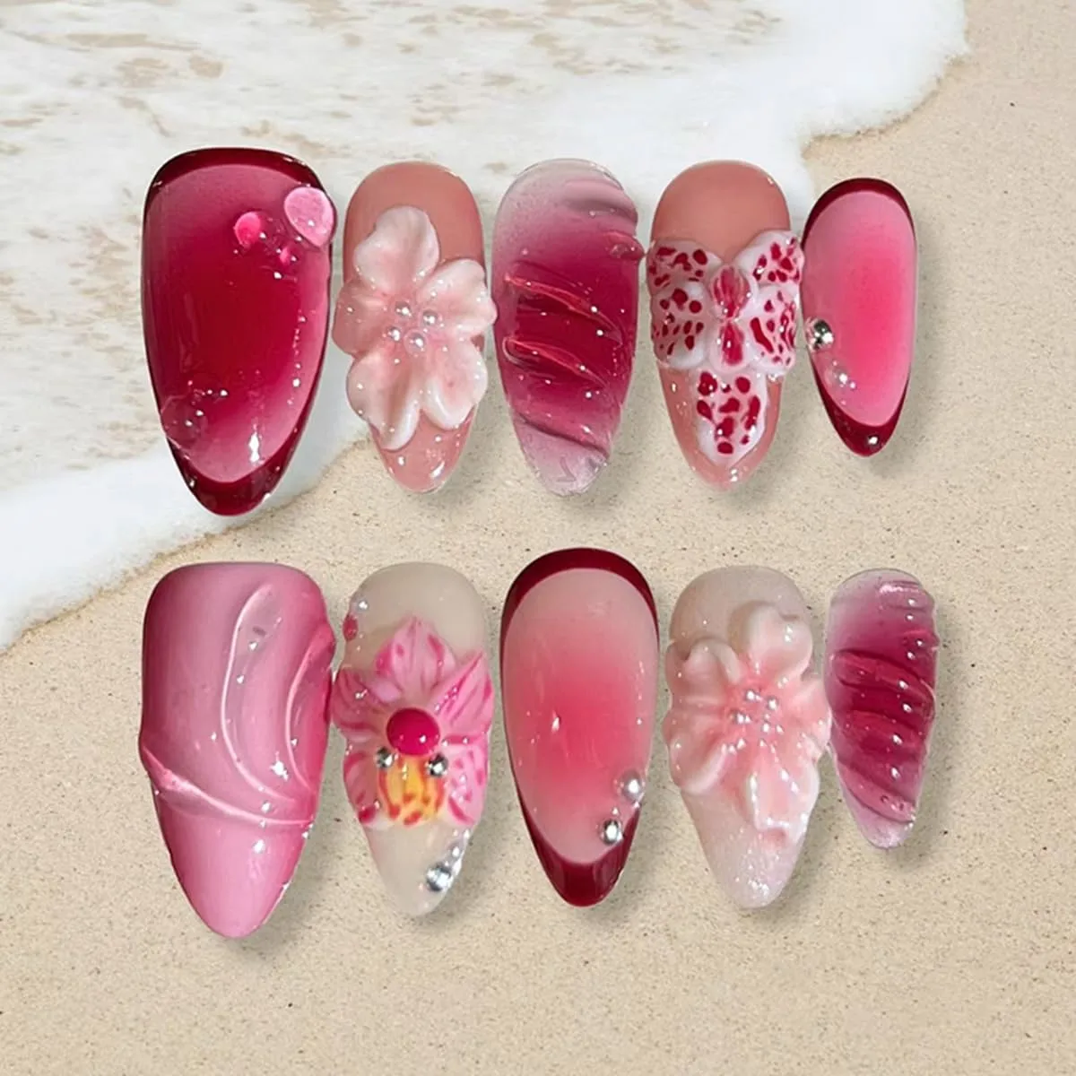 24 Pcs Rose Red Ombre Press on Nails Short Almond Nail Tips,YEFIUO Acrylic Nail Kit Fake Nails Press ons Glue on Nails Flower Pearl 3D Texture Artificial False Nails Stick on Nail Art Design for Women