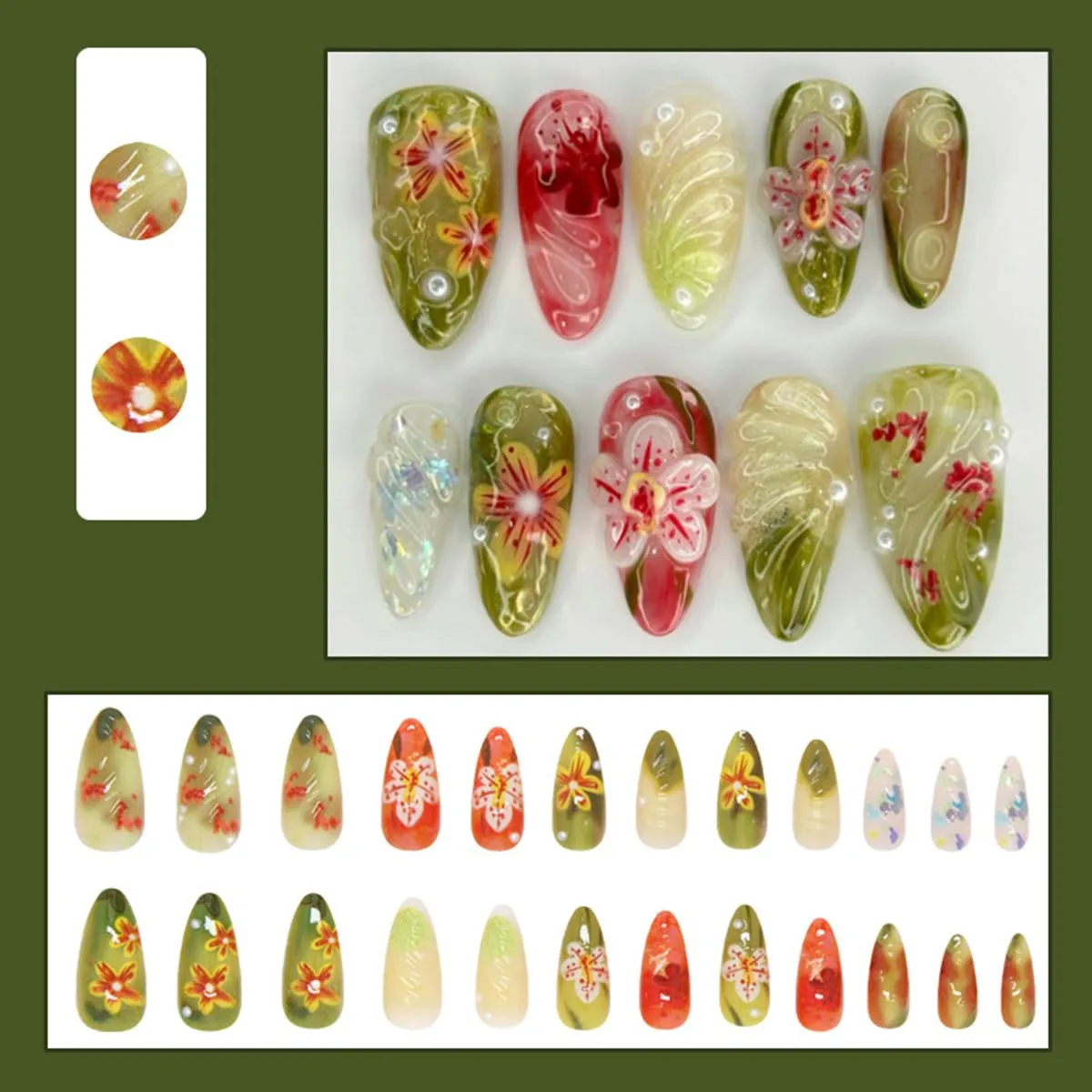 24 Pcs Green Smudge Press on Nails Short Almond Nail Tips,YEFIUO Acrylic Nail Kit Fake Nails Press ons Glue on Nails Artificial Floral False Nails Flowers 3D Texture Stick on Nail Art Design for Women