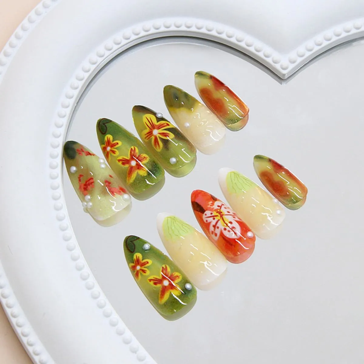 24 Pcs Green Smudge Press on Nails Short Almond Nail Tips,YEFIUO Acrylic Nail Kit Fake Nails Press ons Glue on Nails Artificial Floral False Nails Flowers 3D Texture Stick on Nail Art Design for Women