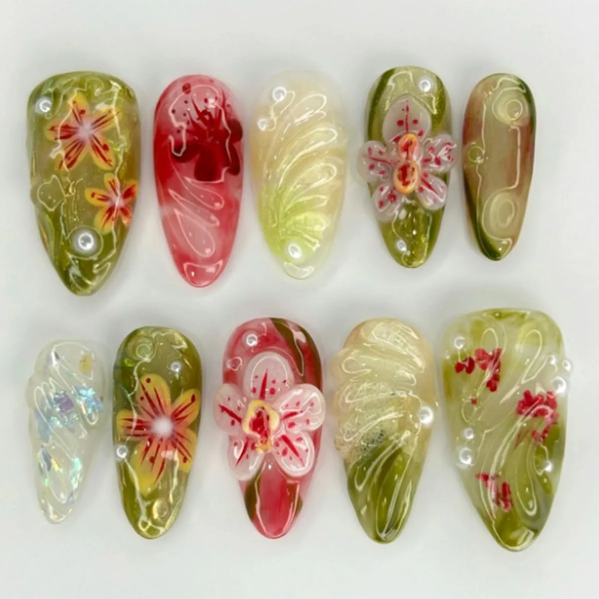 24 Pcs Green Smudge Press on Nails Short Almond Nail Tips,YEFIUO Acrylic Nail Kit Fake Nails Press ons Glue on Nails Artificial Floral False Nails Flowers 3D Texture Stick on Nail Art Design for Women