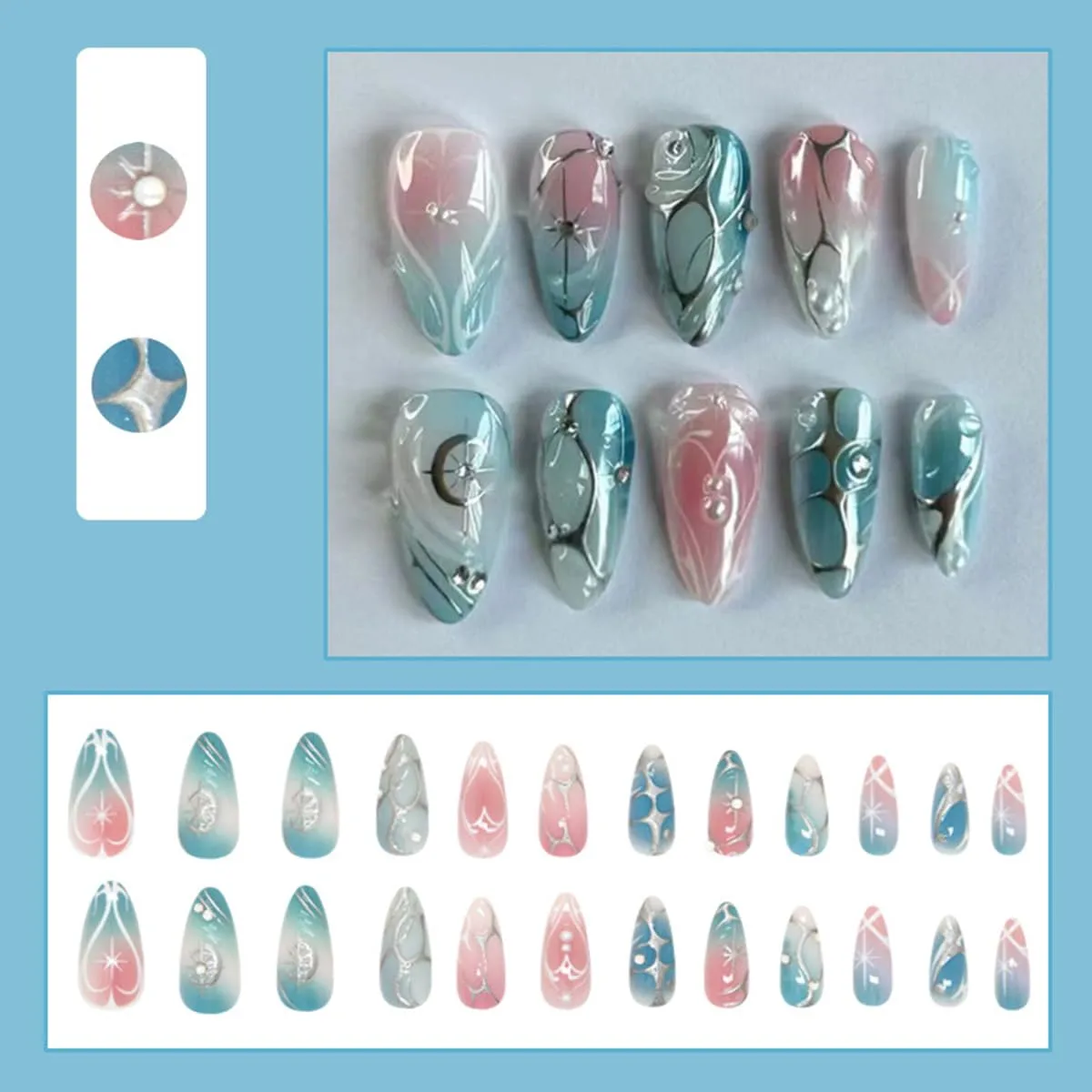 24 Pcs Blue Pink Press on Nails Short Almond Nail Tips,YEFIUO Acrylic Nail Kit Fake Nails Press ons Glue on Nails Artificial French False Nails Silver Line Starburst Stick on Nail Art Design for Women