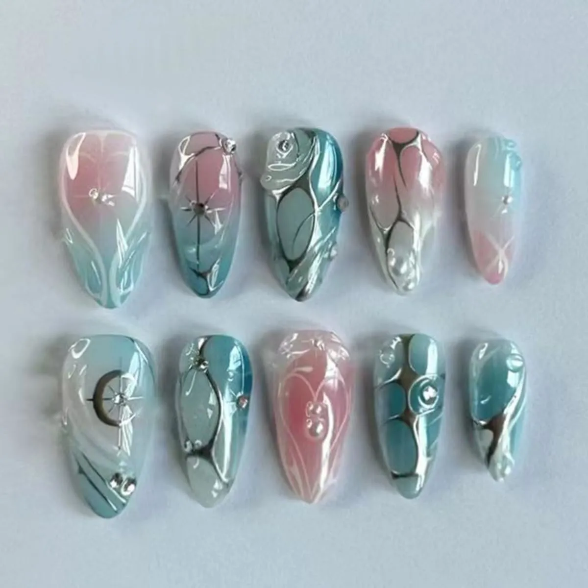 24 Pcs Blue Pink Press on Nails Short Almond Nail Tips,YEFIUO Acrylic Nail Kit Fake Nails Press ons Glue on Nails Artificial French False Nails Silver Line Starburst Stick on Nail Art Design for Women