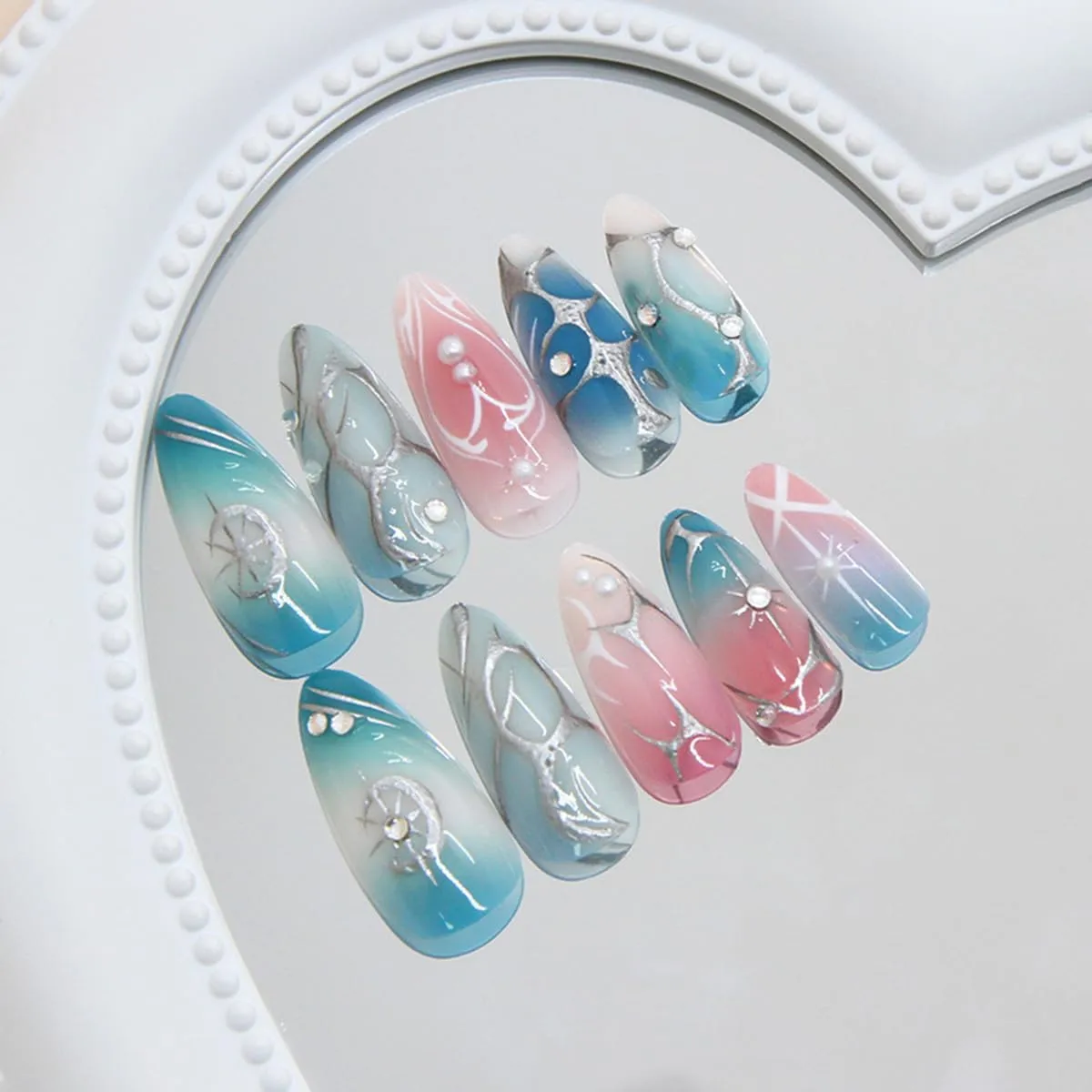24 Pcs Blue Pink Press on Nails Short Almond Nail Tips,YEFIUO Acrylic Nail Kit Fake Nails Press ons Glue on Nails Artificial French False Nails Silver Line Starburst Stick on Nail Art Design for Women