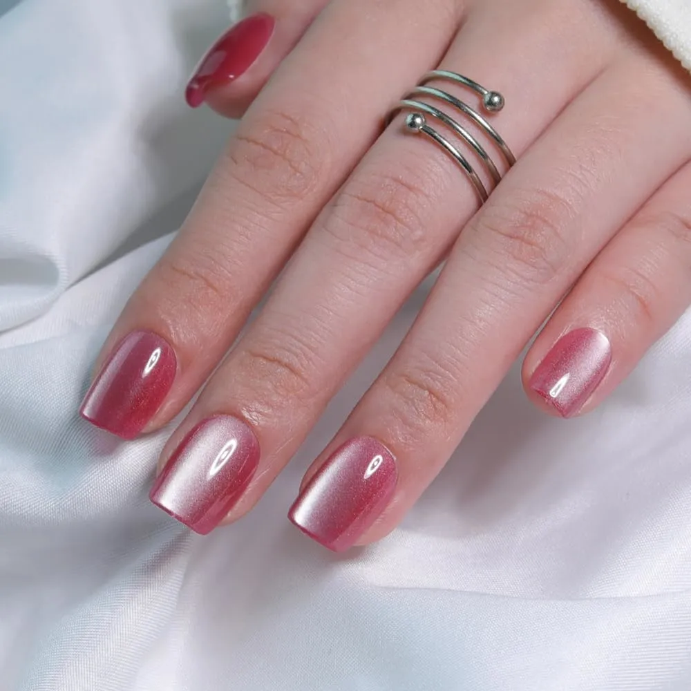 Jelly Rosy Pink Press On Nails Square – Short Cat Eye Fake Nails