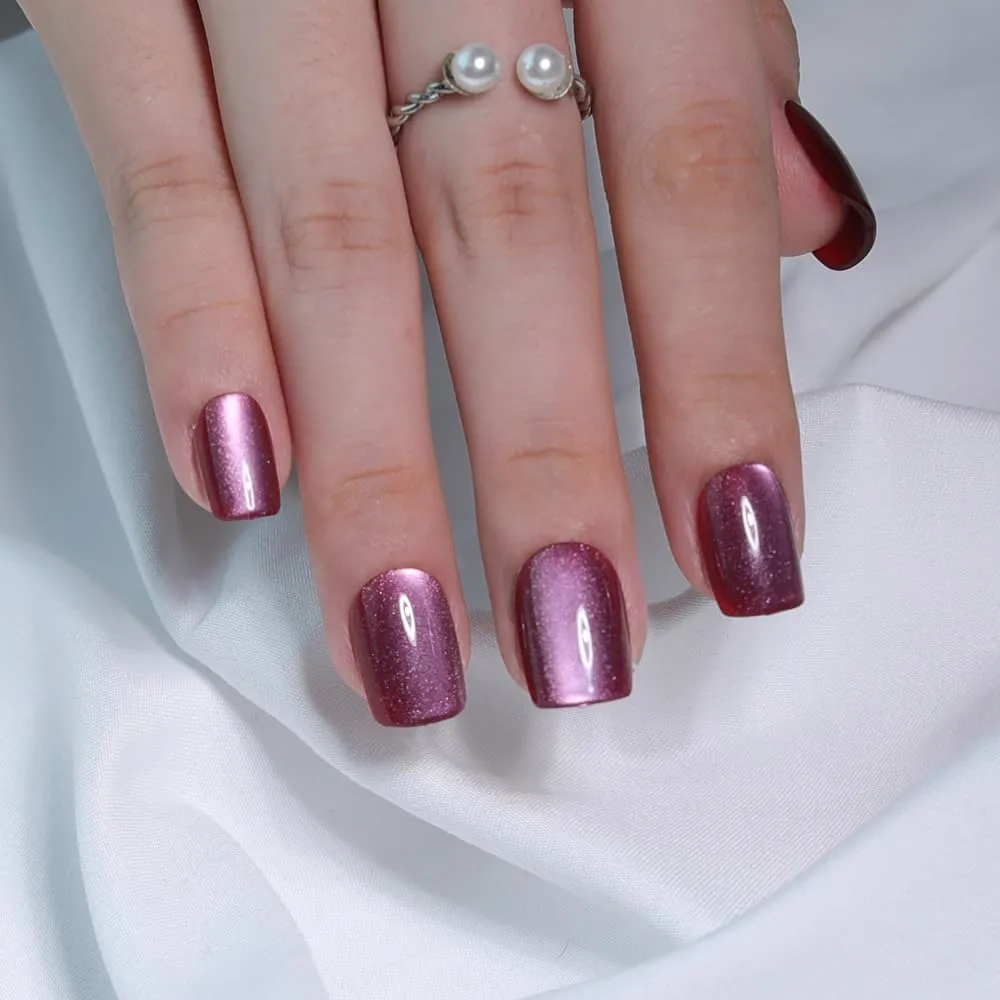 Plum Purple Press On Nails Square – Short Cat Eye Fake Nails with Color-Shifting Glow, Glossy Gel Acrylic Nails 15 Sizes, 30 Nails, Thick Reusable Glue On Nails for Daily Wear & Women Gifts