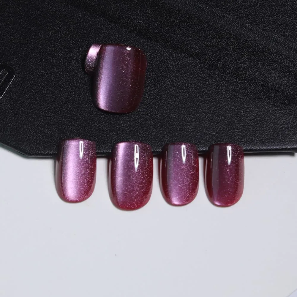 Plum Purple Press On Nails Square – Short Cat Eye Fake Nails with Color-Shifting Glow, Glossy Gel Acrylic Nails 15 Sizes, 30 Nails, Thick Reusable Glue On Nails for Daily Wear & Women Gifts