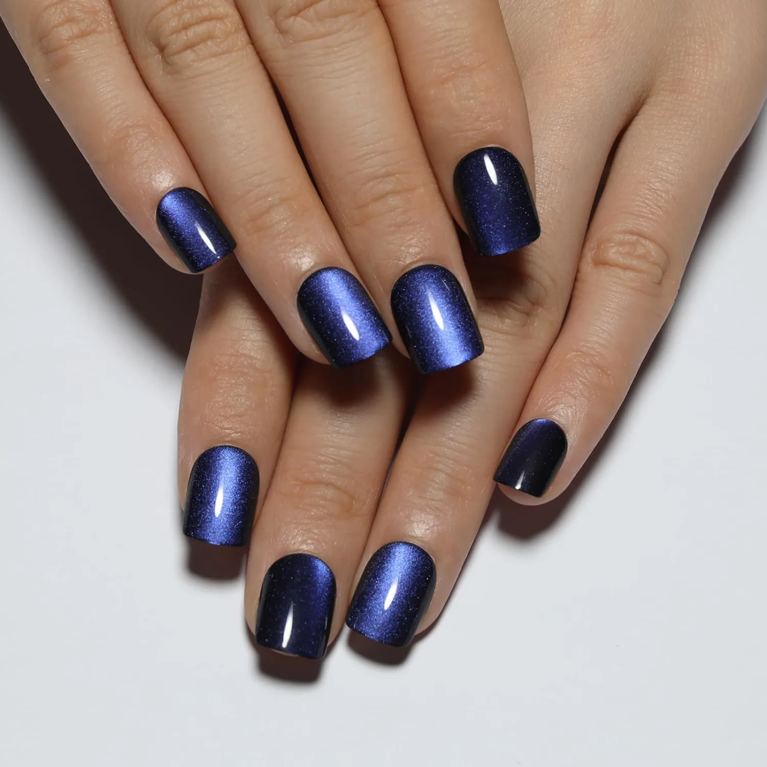 Dark Blue Press On Nails Square, Short Cat Eye Fake Nails