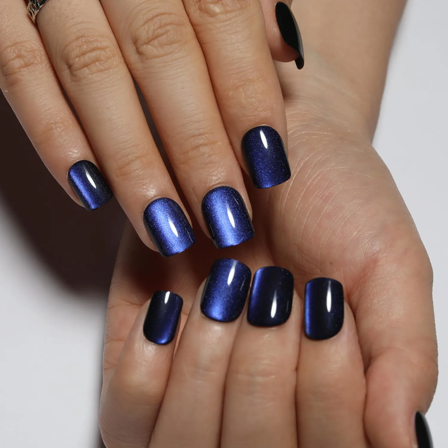 Dark Blue Press On Nails Square, Short Cat Eye Fake Nails