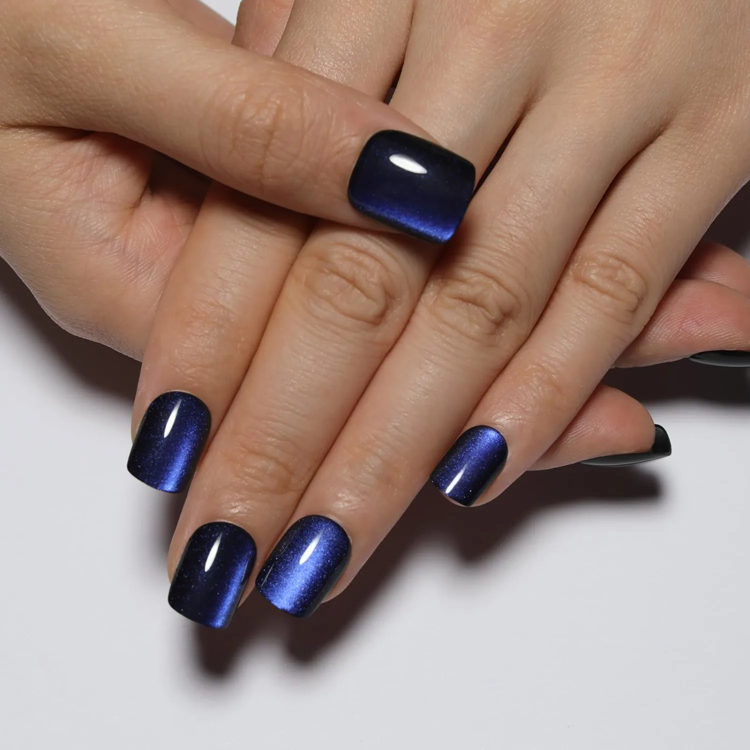 Dark Blue Press On Nails Square, Short Cat Eye Fake Nails