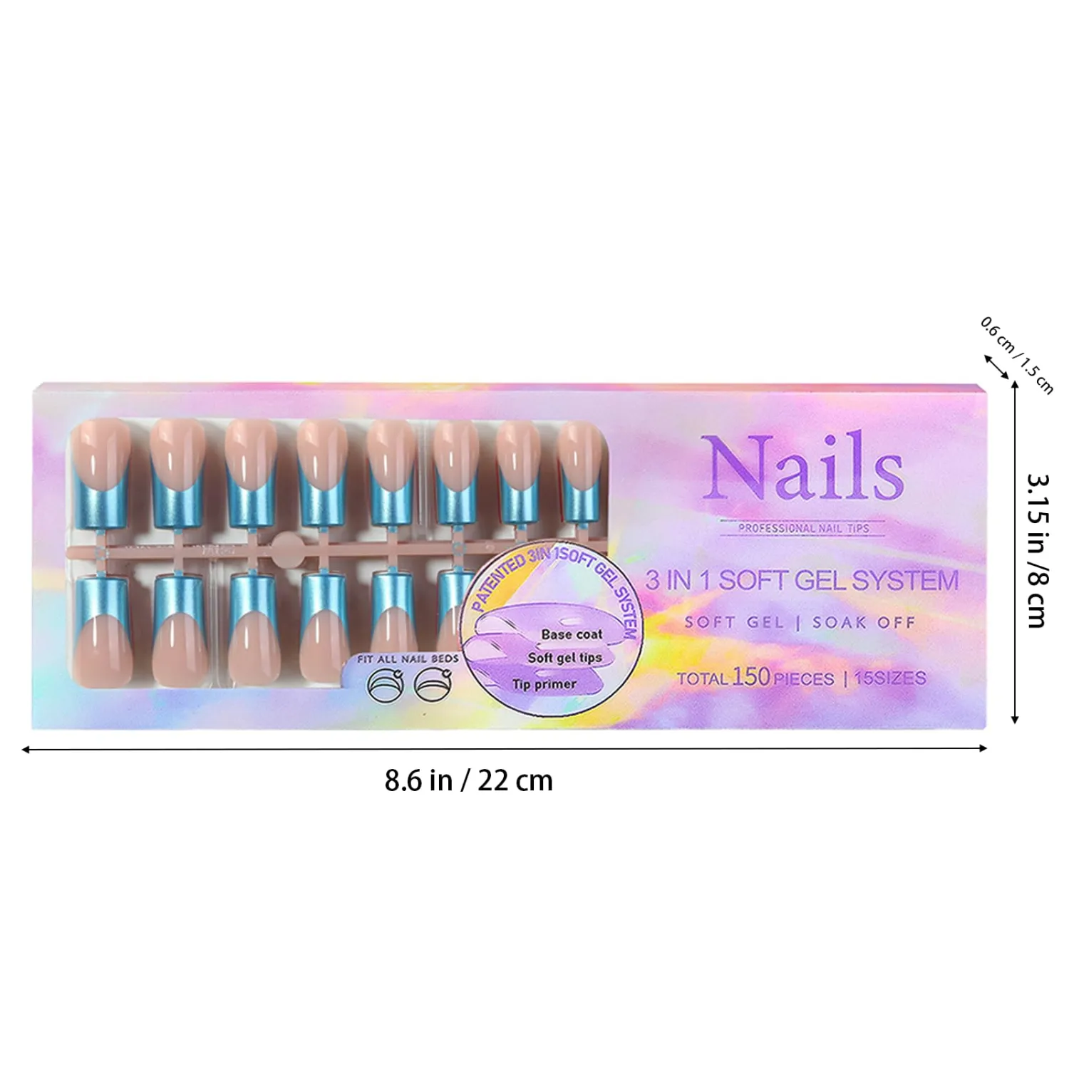 150Pcs French Tip Press on Nails Long Square Fake Nail Tips Chrome Blue Red Silver Gold Pink French Tip Nails Press ons Soft Gel Nail Tips Full Cover Stick on Nails for Women Nail Art DIY 15 Size