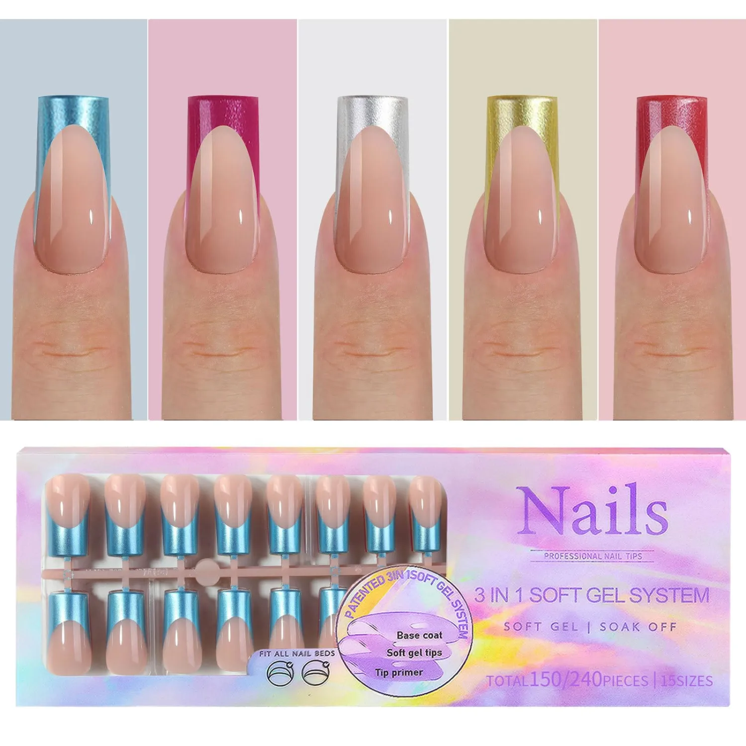 150Pcs French Tip Press on Nails Long Square Fake Nail Tips Chrome Blue Red Silver Gold Pink French Tip Nails Press ons Soft Gel Nail Tips Full Cover Stick on Nails for Women Nail Art DIY 15 Size
