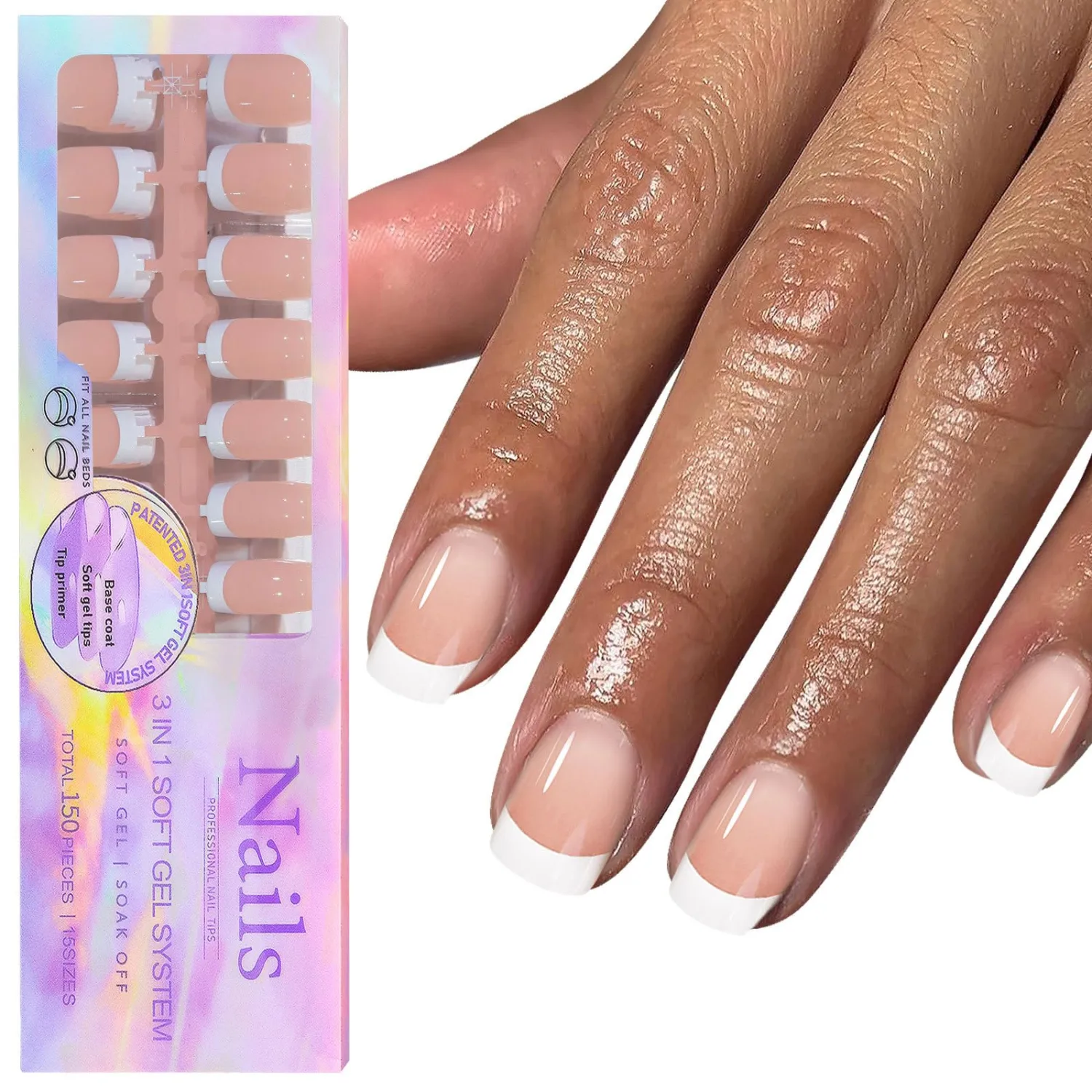 White French Tip Press on Nails - 150 pcs Short Square Press on Nails Soft Gel Nail Tips 15 Sizes Nude Extra Short Square Fake Nail Acrylic Stick on Nails for Women Manicure