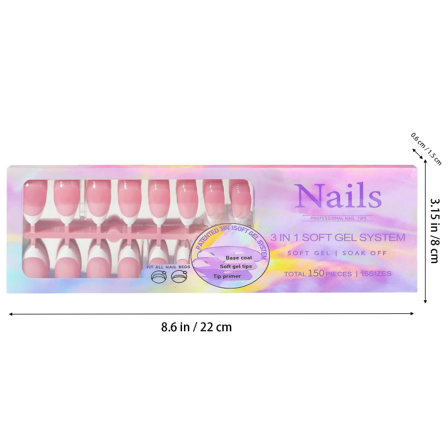150 Pcs White French Tip Press on Nails Almond Medium Fake Nails Nude Pink False Nails Full Cover Glossy Acrylic Glue on Nail White Tip Nails Press ons Stick on Nail for Women Girls Manicure 15 Size