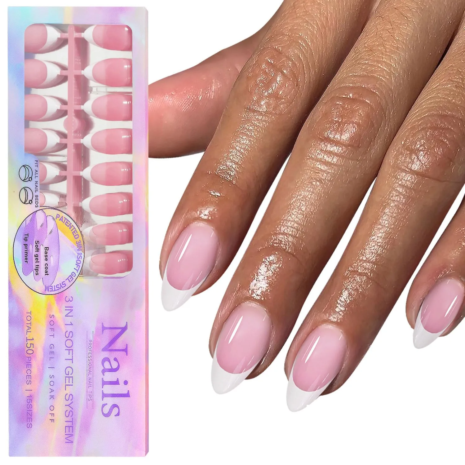 150 Pcs White French Tip Press on Nails Almond Medium Fake Nails Nude Pink False Nails Full Cover Glossy Acrylic Glue on Nail White Tip Nails Press ons Stick on Nail for Women Girls Manicure 15 Size