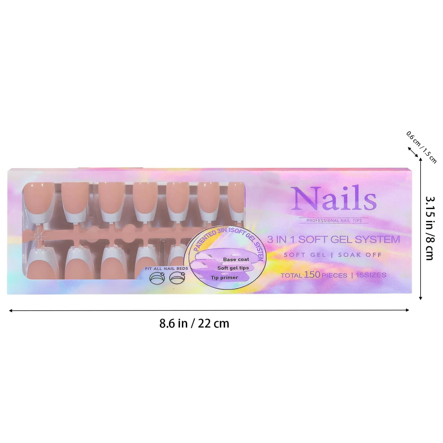 150Pcs White French Tip Press on Nails Medium Coffin Fake Nails 15 Size Soft Gel Nail Tips Full Cover Glossy False Nails with Designs Nude Acrylic Glue on Nail Stick on Nail for Women Girls Manicure