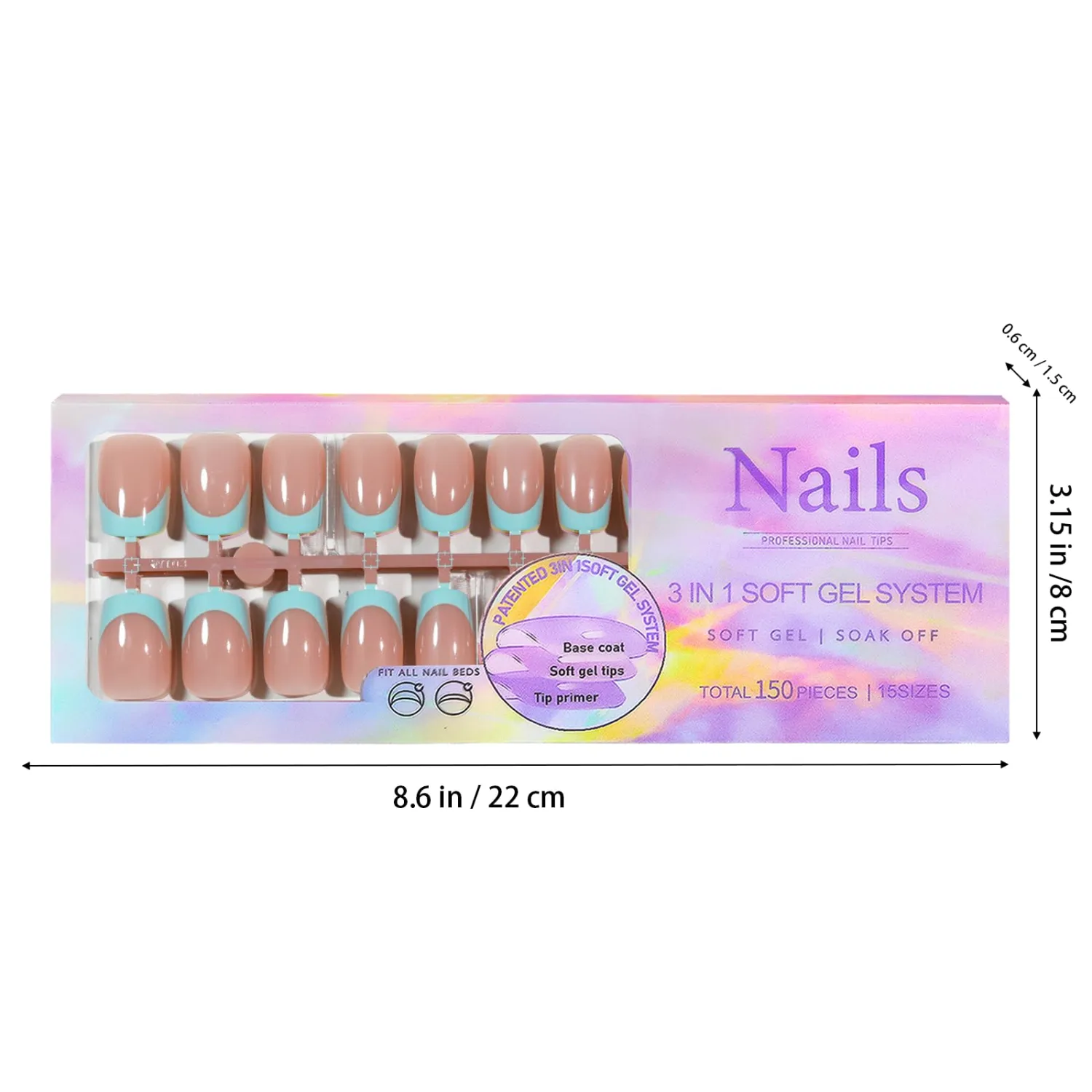 150 Pcs French Tip Press on Nails Short Square Fake Nails 5 Colors French Tip False Nail Tips 3 IN 1 Soft Gel Nail Tips Kit Colorful Tips Glue on Nail Nude Acrylic Stick on Nails for Women Manicure