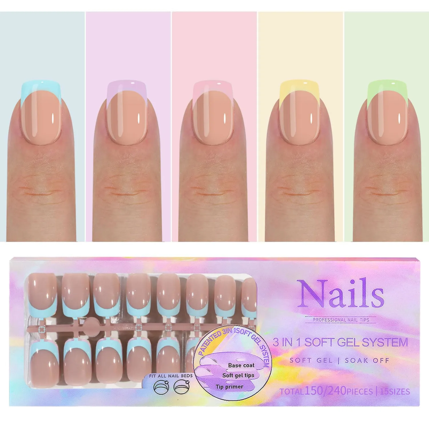 150 Pcs French Tip Press on Nails Short Square Fake Nails 5 Colors French Tip False Nail Tips 3 IN 1 Soft Gel Nail Tips Kit Colorful Tips Glue on Nail Nude Acrylic Stick on Nails for Women Manicure