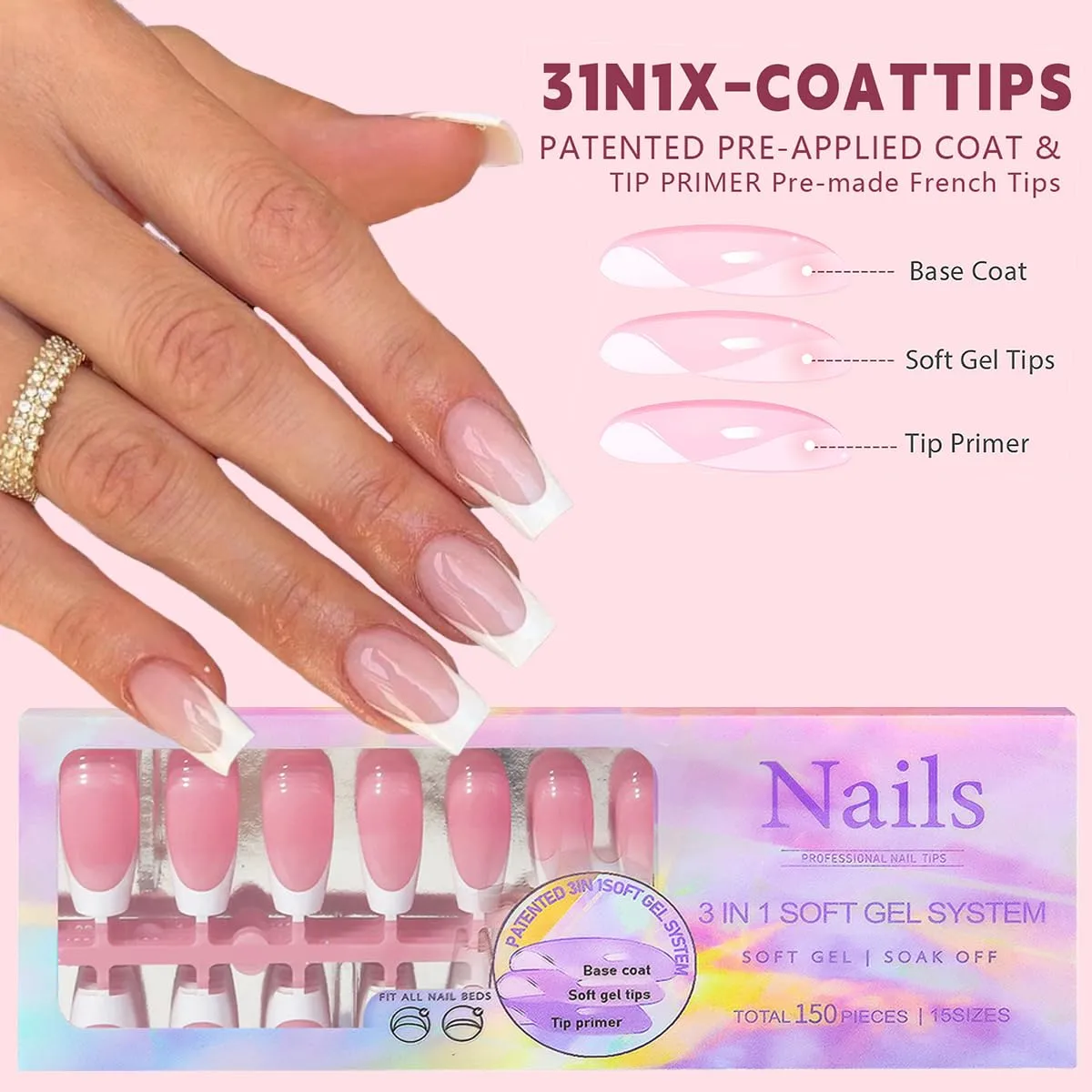 150 Pcs French Tip Press on Nails Short Coffin Fake Nails White French Tip False Nails Press ons Full Cover Acrylic Glue on Nails Pink Artificial Stick on Nail with Adhesive Tab for Women Girls