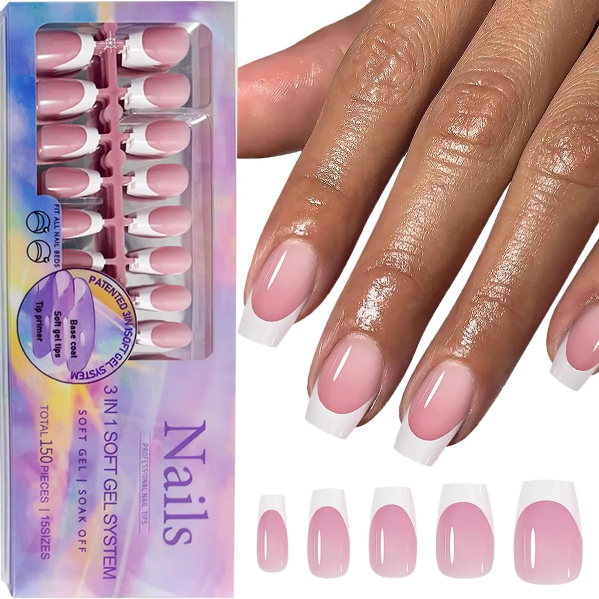 150 Pcs French Tip Press on Nails Short Coffin Fake Nails White French Tip False Nails Press ons Full Cover Acrylic Glue on Nails Pink Artificial Stick on Nail with Adhesive Tab for Women Girls