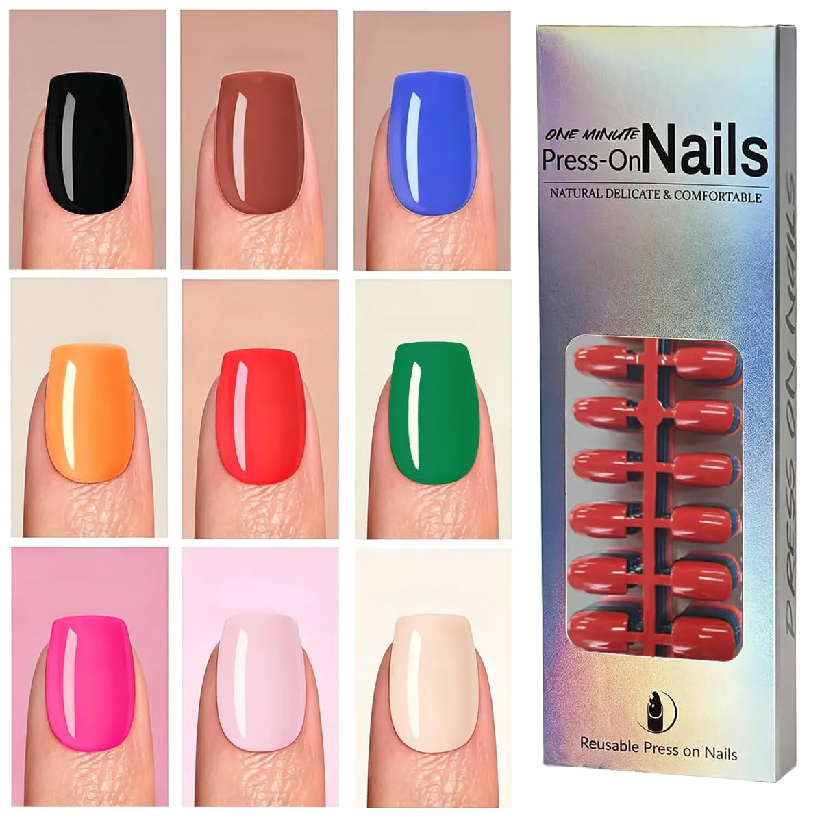 270 Press on Nails Short Square Fake Nails 9 Color Soft Gel Full Cover False Nails 15 Sizes Reusable Artificial Fake Nails Stick on Nail for Women Manicure