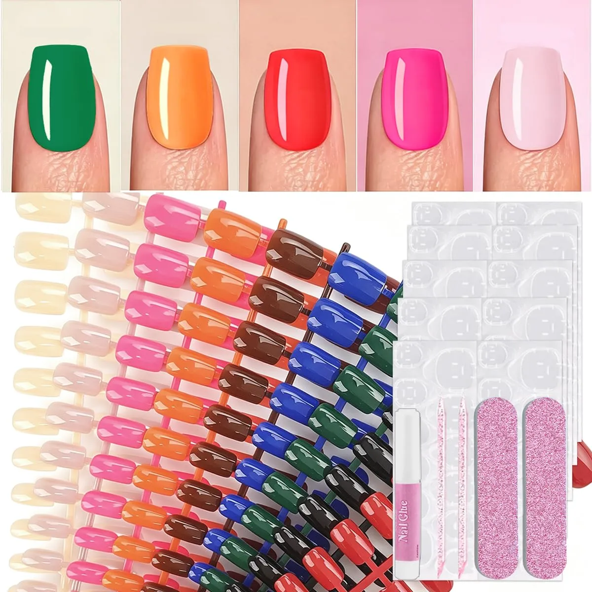 270 Press on Nails Short Square Fake Nails 9 Color Soft Gel Full Cover False Nails 15 Sizes Reusable Artificial Fake Nails Stick on Nail for Women Manicure