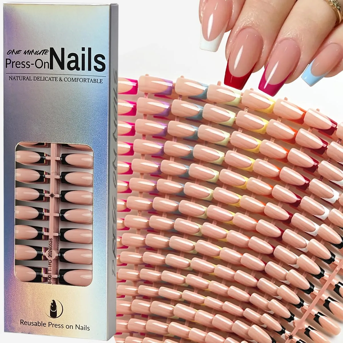 270Pcs French Tip Press on Nails Long Square Fake Nails 9 Color Soft Gel Full Cover False Nails 15 Sizes Artificial Acrylic Nails Stick on Nail for Women Manicure